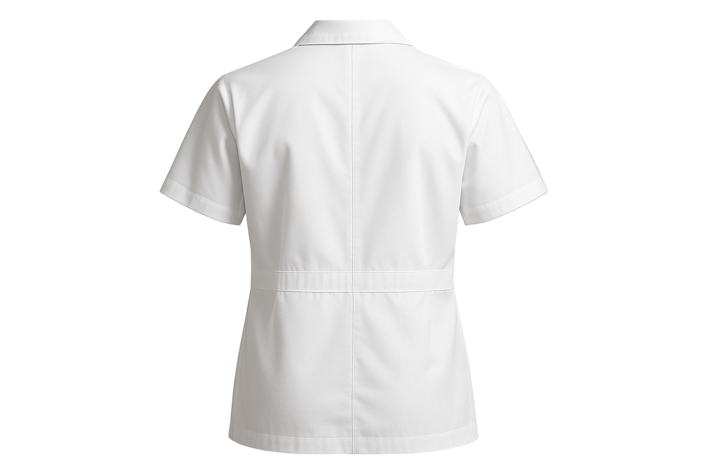 A realistic mock up image of the back of a short sleeve labcoat